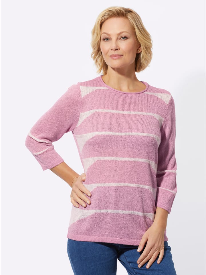Rundhals-Pullover in rosé-ecru-gemustert