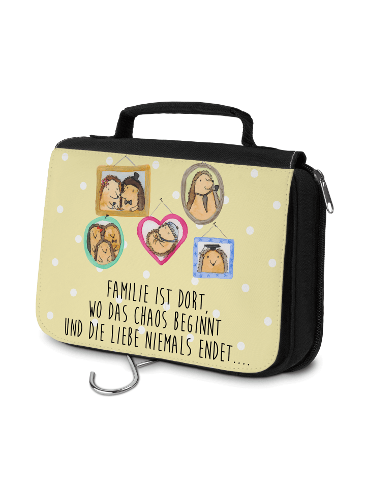 Kulturtasche Igel Familie mit Spruch in Gelb Pastell