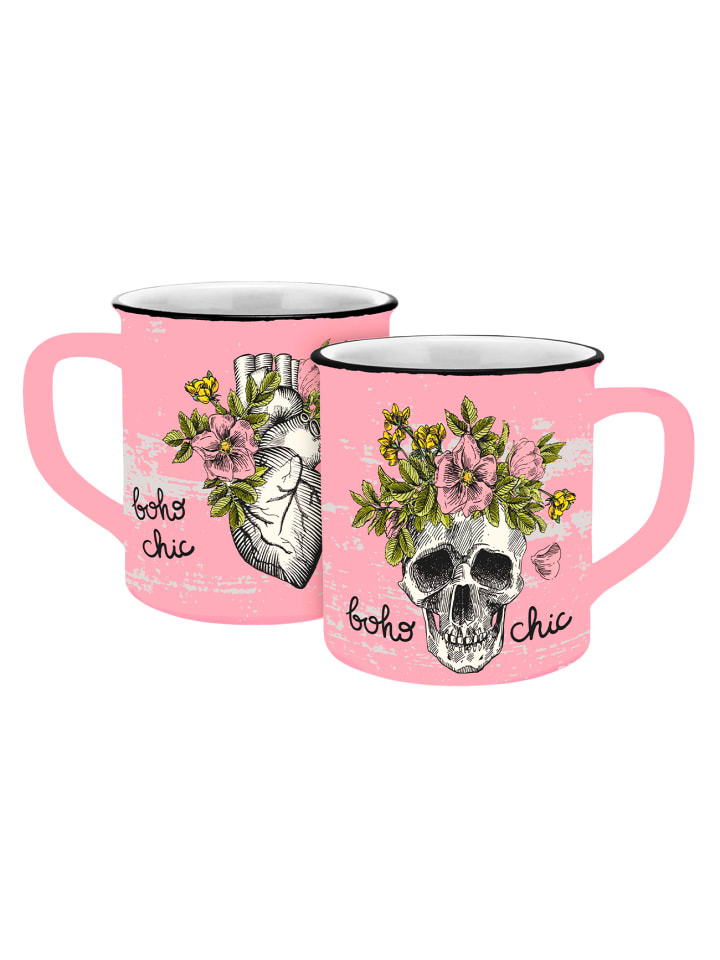 Tasse Skull bohochic Emaille-Optik 400ml in Rosa - 400ml