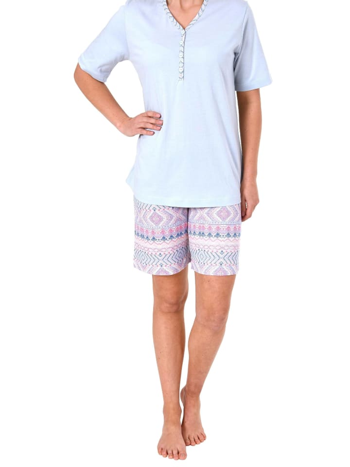 Shorty Pyjama kurzarm Ethnolook - 44779 in hellblau
