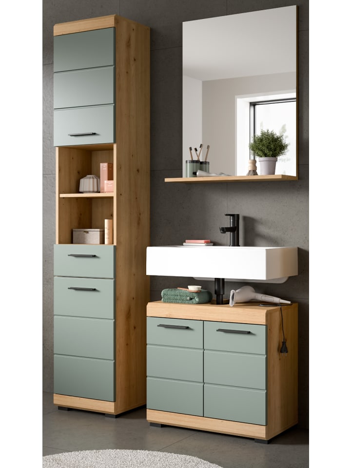 Badmöbel-Set Salbei grün, Eiche Artisan 3-teilig 112 cm, Komplettset