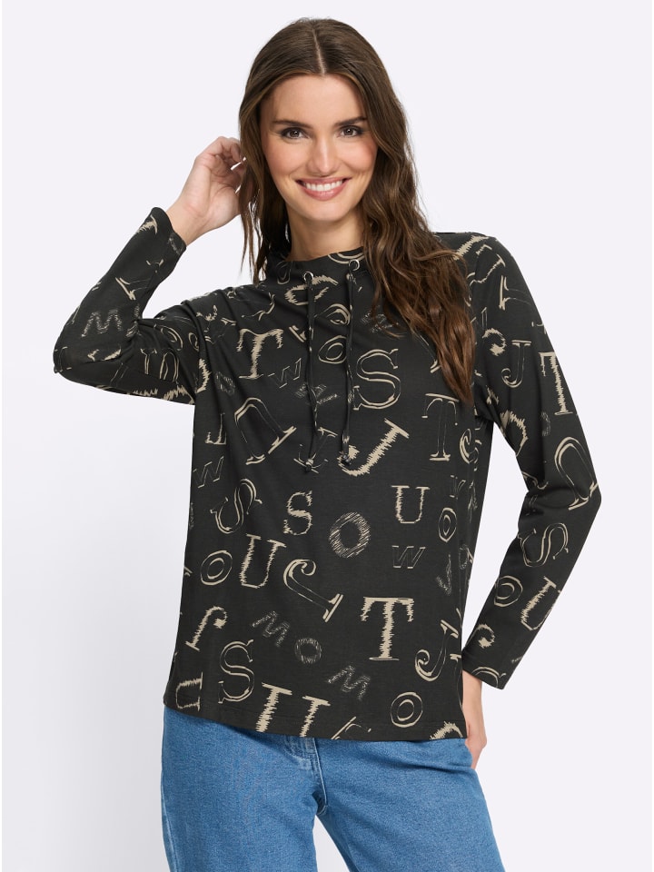 Stehkragen-Shirt in schwarz-schlamm-bedruckt