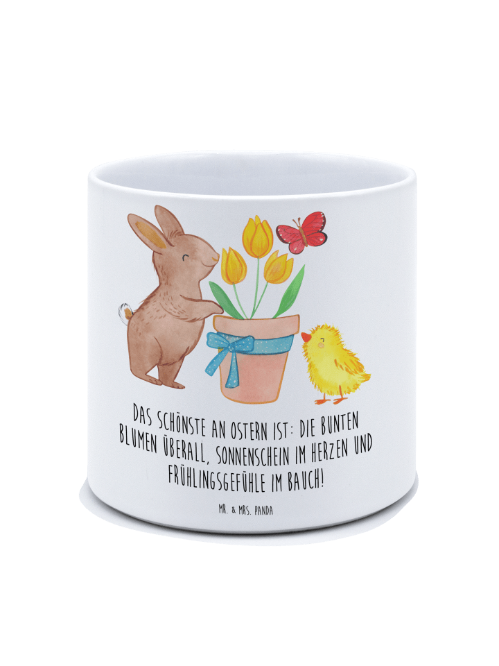 XL Blumentopf Hase Küken mit Spruch in Weiß