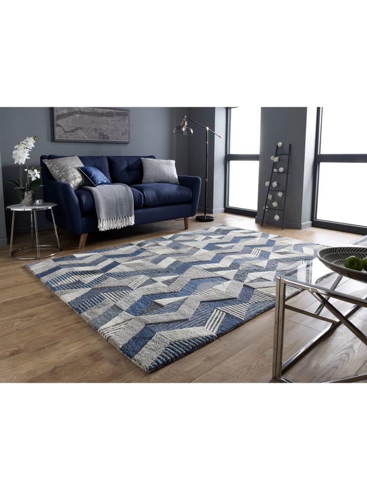 Teppich Wolle ESK Zickzack Muster Wohnzimmer Modern Geometrisch in Blau