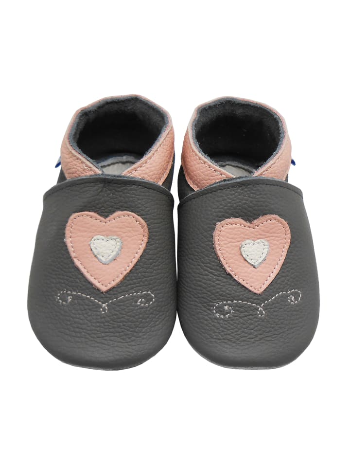 YIHAKIDS Baby Leder Lauflernschuhe Weiche Lederpuschen Rutschfest"Liebe" in Grau