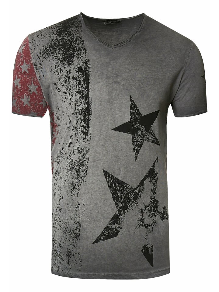 USA T-Shirt Stars and Stripes V-Neck im Used-Look in Anthrazit