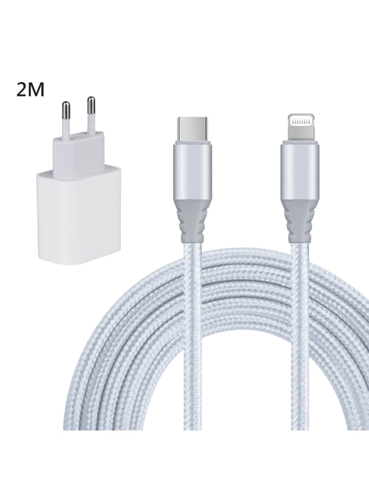 Set aus universellem Netzladegerät + USB-C-auf-Lightning-Kabel 2 Meter in Weiß