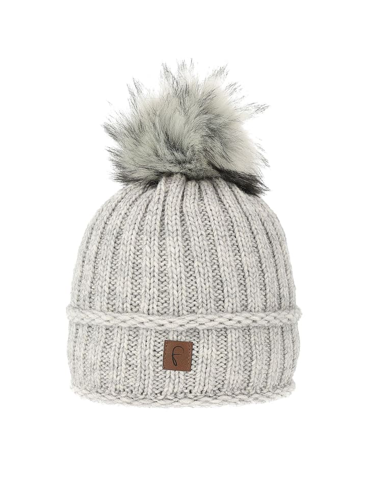 Warme Strickmütze mit Kunstfell und Thermo-Fleece in Grau