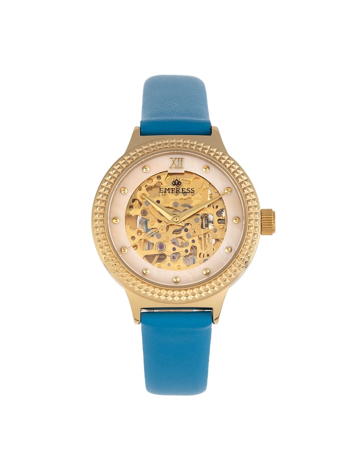 Alice Automatikuhr mit Perlmutt-Skelettzifferblatt und Lederarmband in Blue