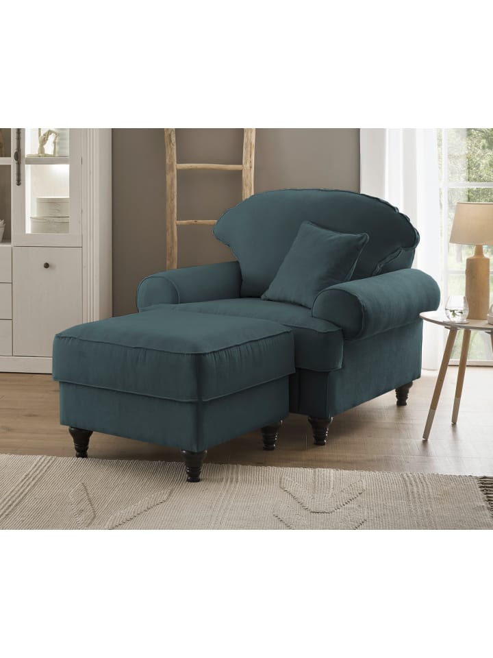 Sessel-Set blaugrün Landhaus, Loungesessel inklusive Hocker