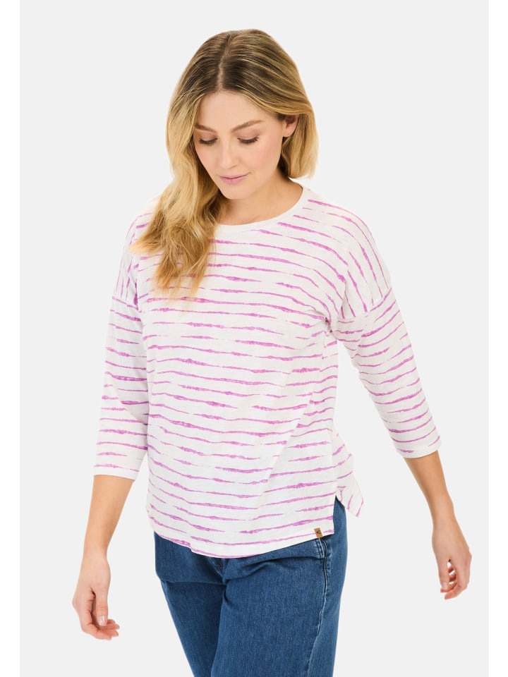 Camel Active Damen T-Shirt Mit 3/4-Arm Aus Bio-Baumwolle – Lässig, überschnittene Schultern, Streifenmuster