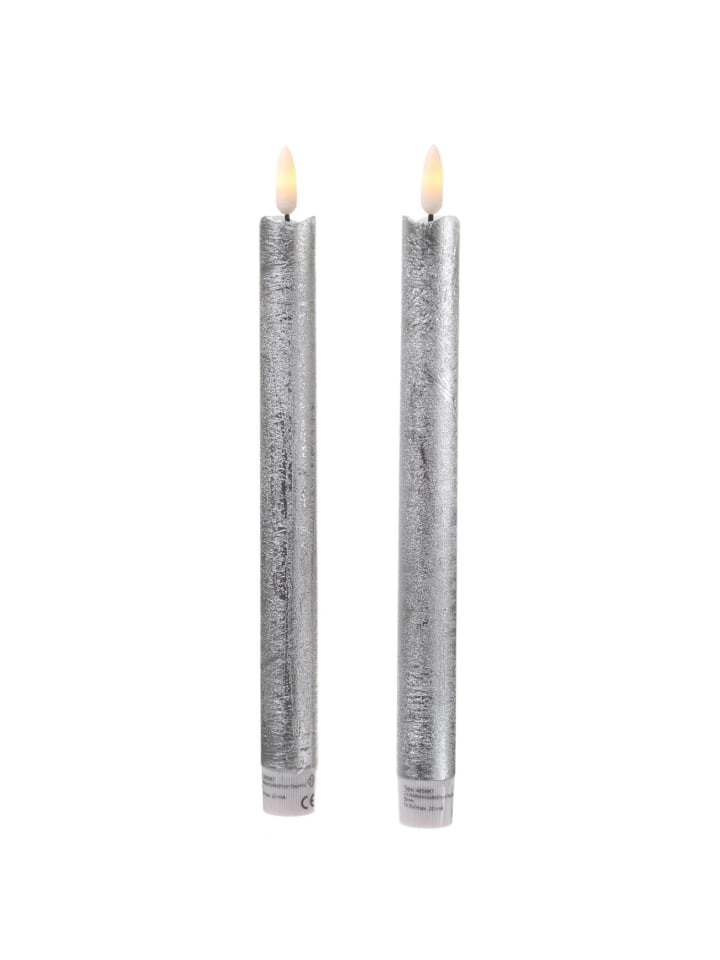 2x LED Stabkerzen LINA Rustik-Optik Echtwachs H: 25cm in silber