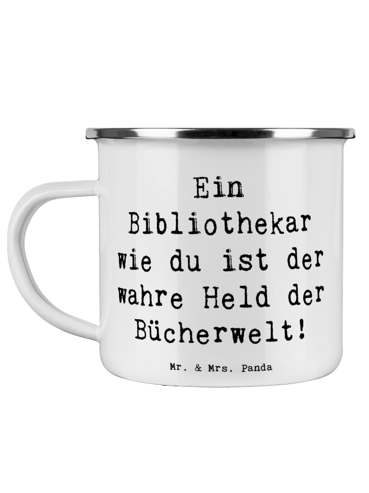 Emailletasse Spruch Bibliothekar Held mit Spruch in Weiß