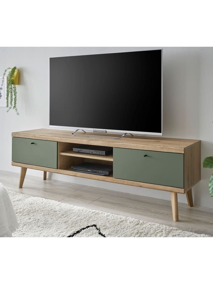TV-Lowboard Salbei grün, Eiche skandinavisch 160 cm, Fernsehtisch mit Stauraum