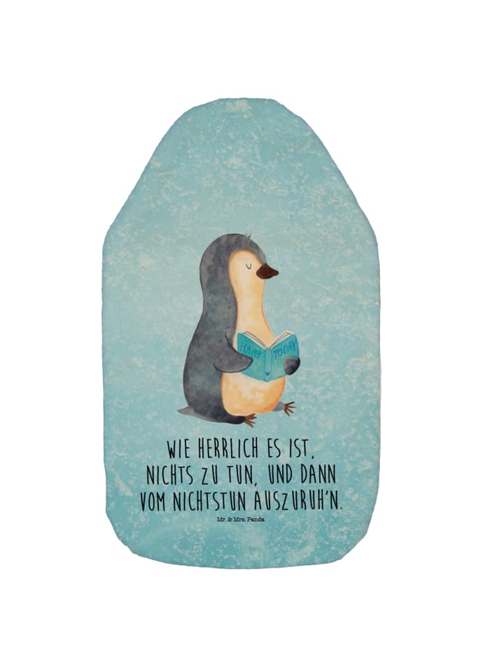 Wärmflasche Pinguin Buch mit Spruch in Eisblau