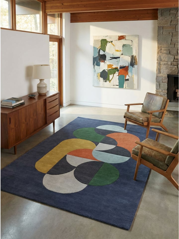 Teppich Wolle, Handgearbeitet, Modernes Design, Strapazierfähig in Dunkelblau