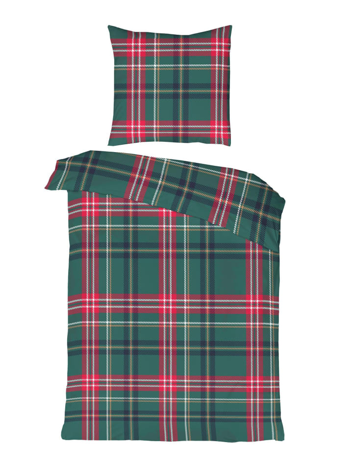 2 tlg. Flanell Bettwäsche 135x200cm Tartan Karo in Grün Rot