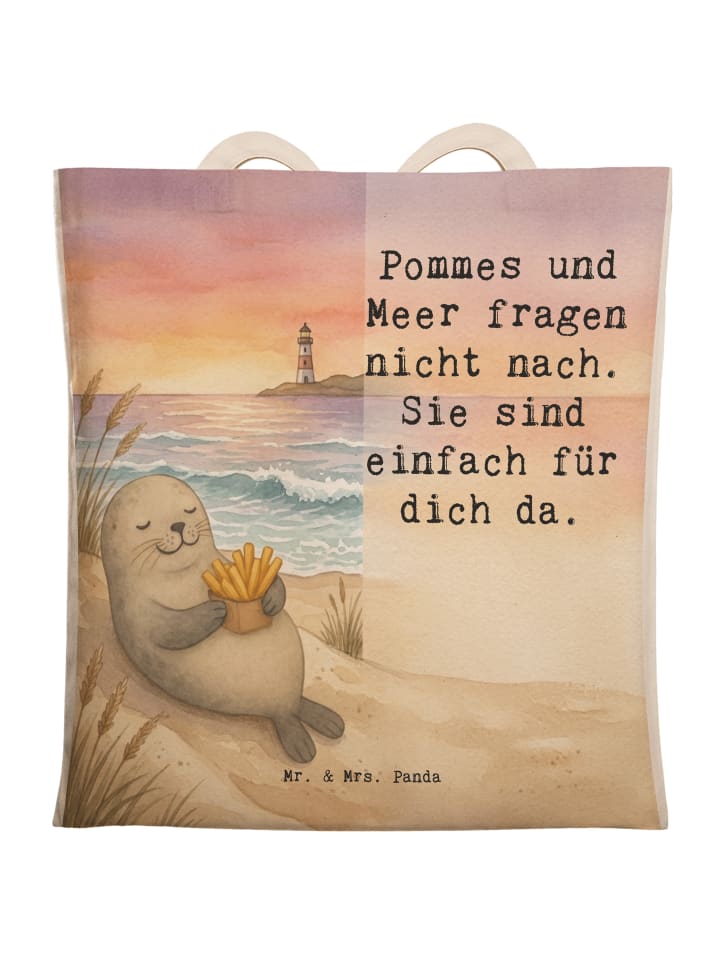 Tote Bag Robbe Pommes Design mit Spruch in Weiß