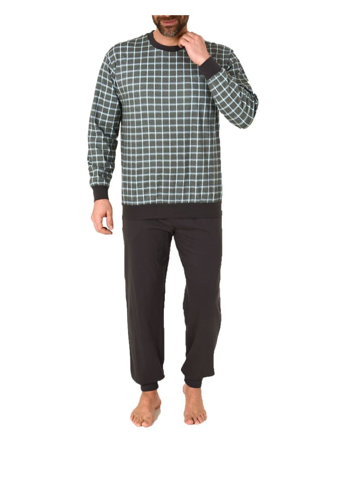 Pyjama Schlafanzug lang Bündchen Karo - 61134 in dunkelgrau