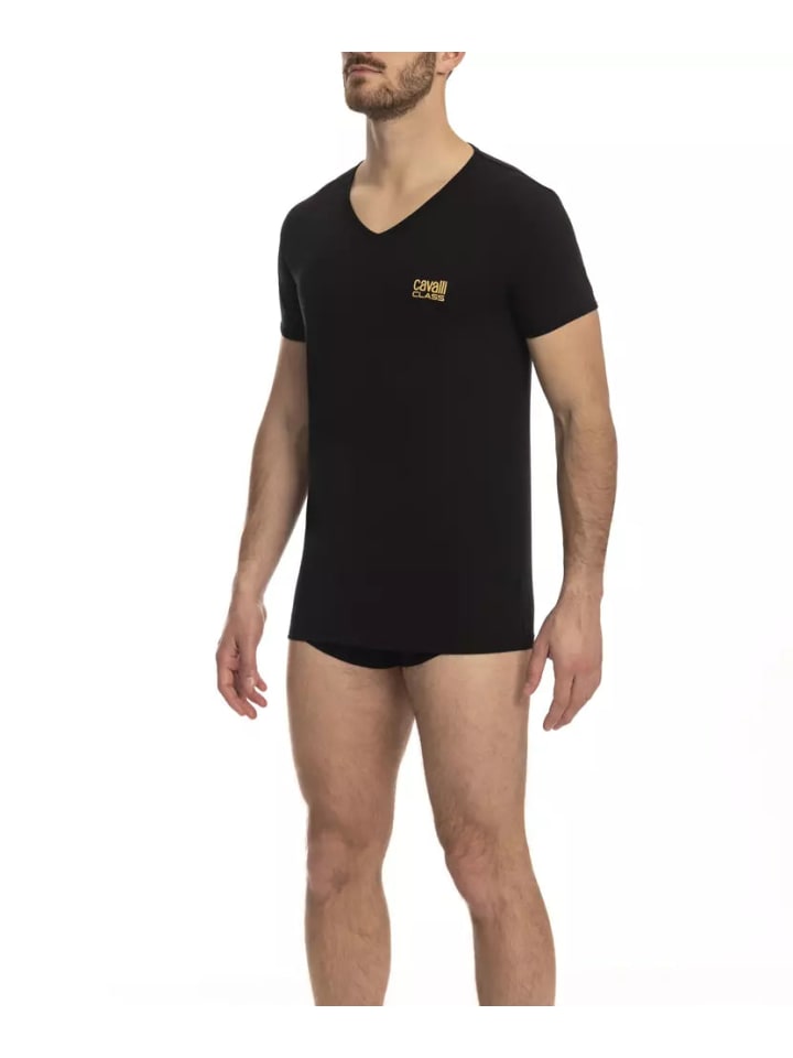Schwarz Baumwolle Herren V-Ausschnitt T-Shirt