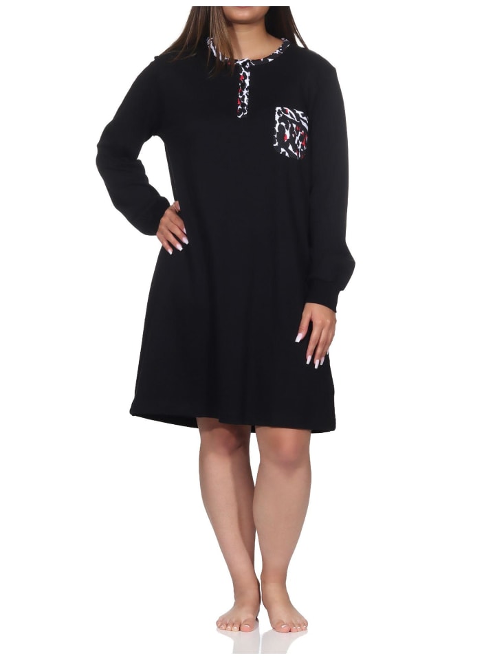Kuschel interlock langarm Nachthemd Bündchen Animalprint - 82163 in schwarz