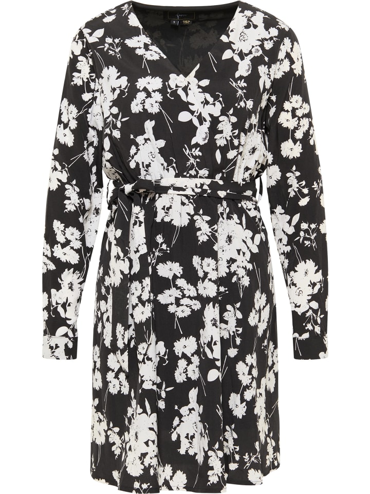 Damen Midikleid Mit Blumenprint in Schwarz Weiss