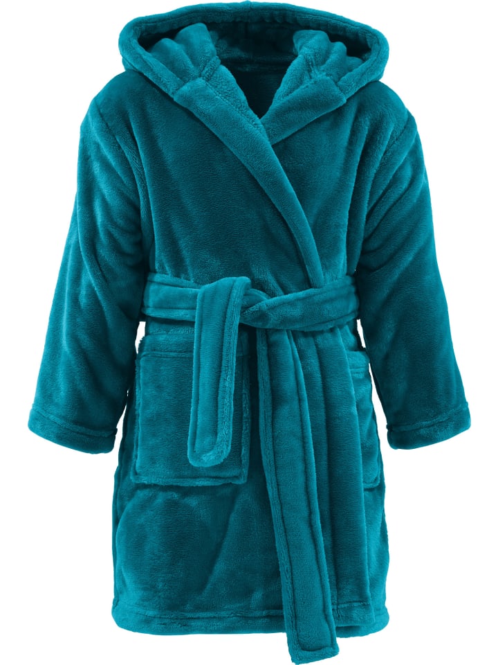 Fleece Kinder-Bademantel mit Kapuze Perris in petrol