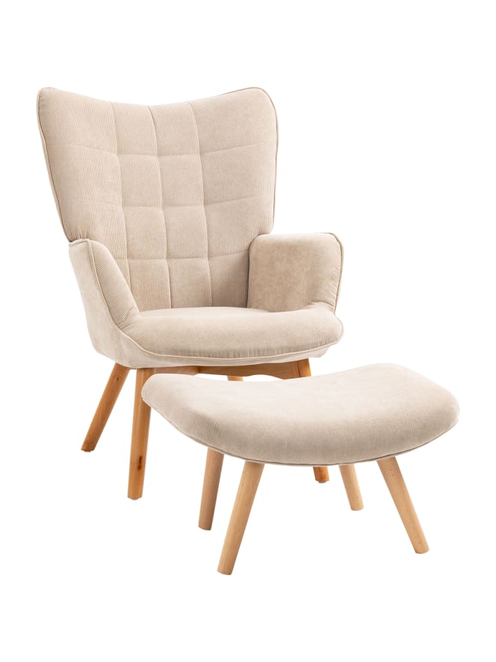 Ohrensessel mit Hocker in Beige 72L x 80B x 101H cm