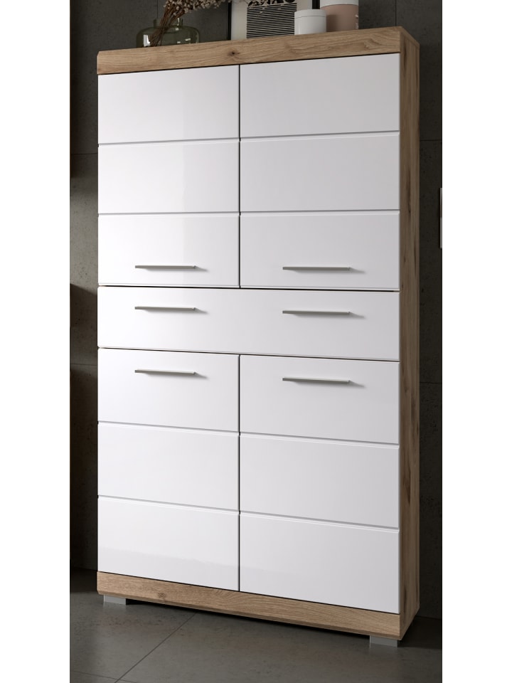 Midischrank weiß Hochglanz, Eiche 74 cm, Badschrank 4-türig