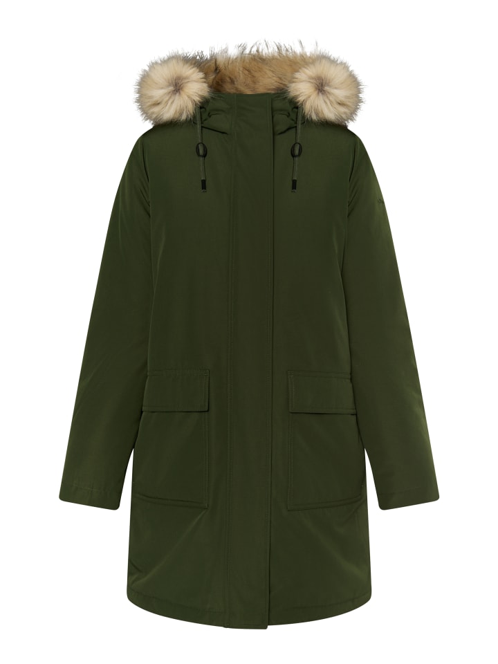 Damen Winterparka Mit Kunstfell in Dunkelgrün