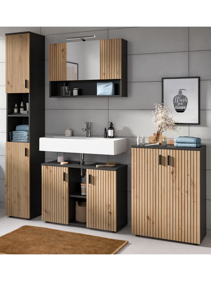 Badmöbel-Set Eiche Artisan, grau 4-teilig 200 cm, Badkombination viel Stauraum