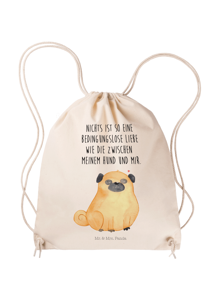 Sportbeutel Mops mit Spruch in Creme