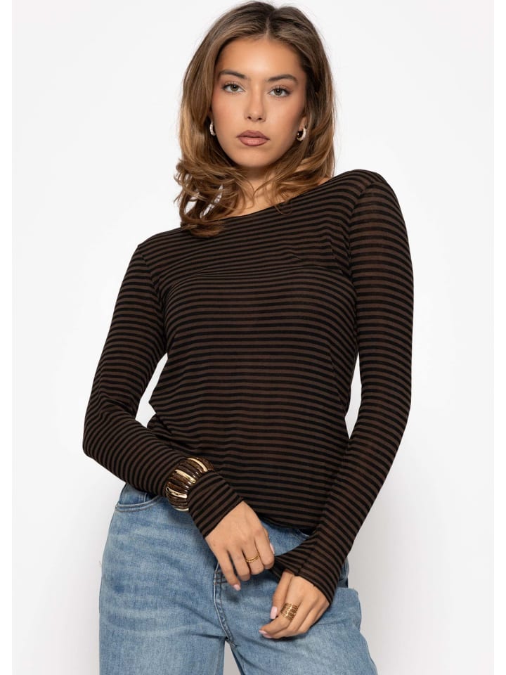 Leicht transparentes Langarmshirt mit Kaschmiranteil in Braun-Schwarz