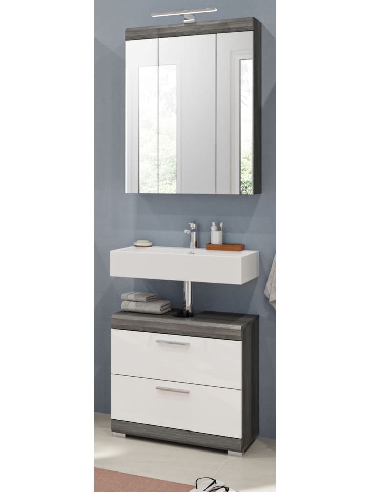 Badmöbel-Set weiß Hochglanz, grau 2-teilig 60 cm, Kombination mit Spiegelschrank