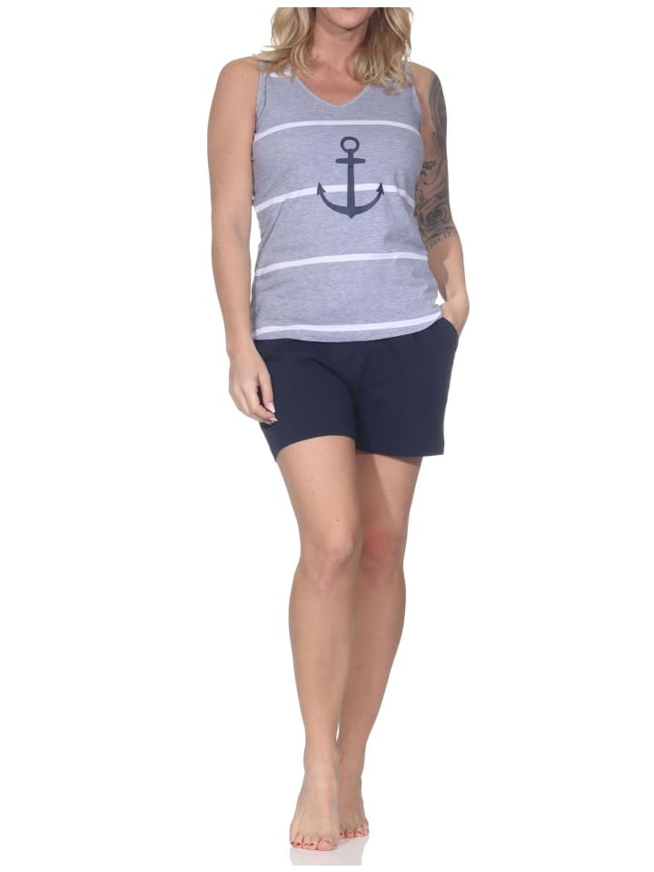 Ärmelloser Spaghetti Pyjama Schlafanzug Shorty Maritimer Look in grau-mel.