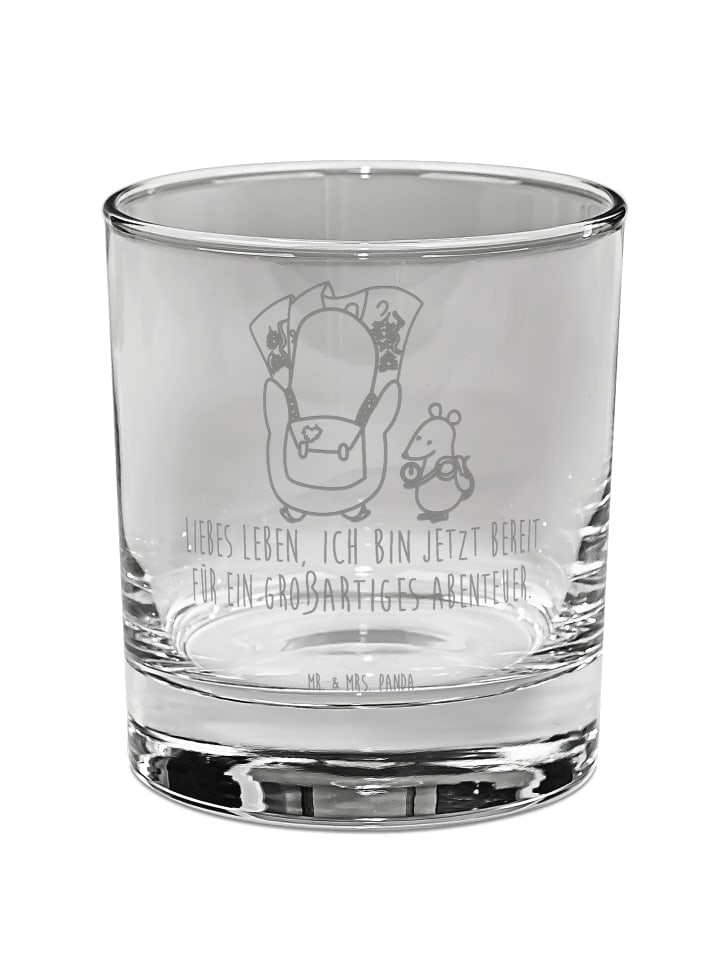 Wasserglas Pinguin & Maus Wanderer mit Spruch in Transparent