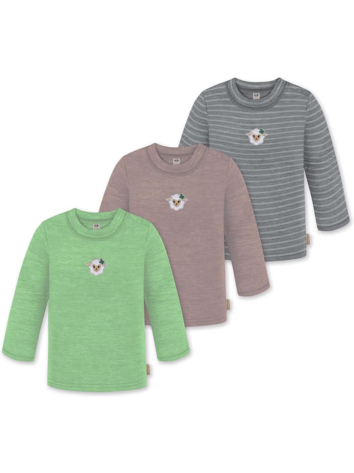3er Pack Baby Merino Longsleeve Taupo in Grau/Rosa/Grün