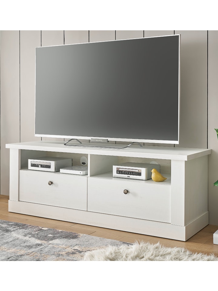 TV-Lowboard weiß Pinie Landhaus, TV Unterteil 132 cm, Soft-Close-Funktion