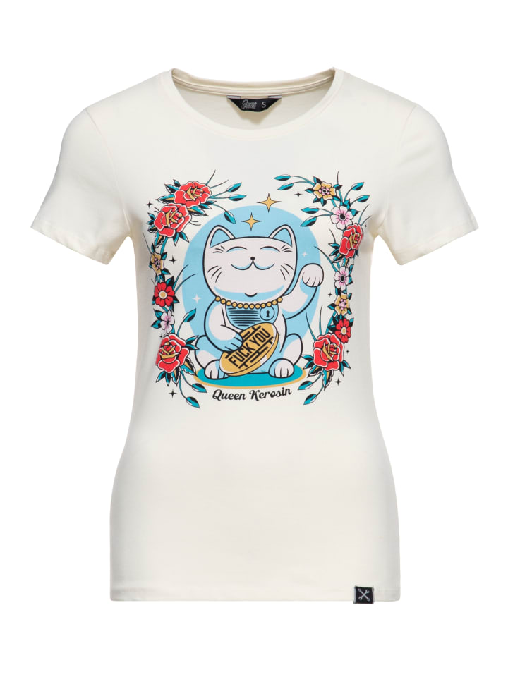 Queen Kerosin T-Shirt Lucky Cat in offwhite