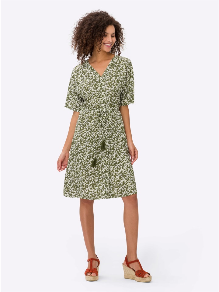 Druck-Kleid in oliv-ecru-bedruckt