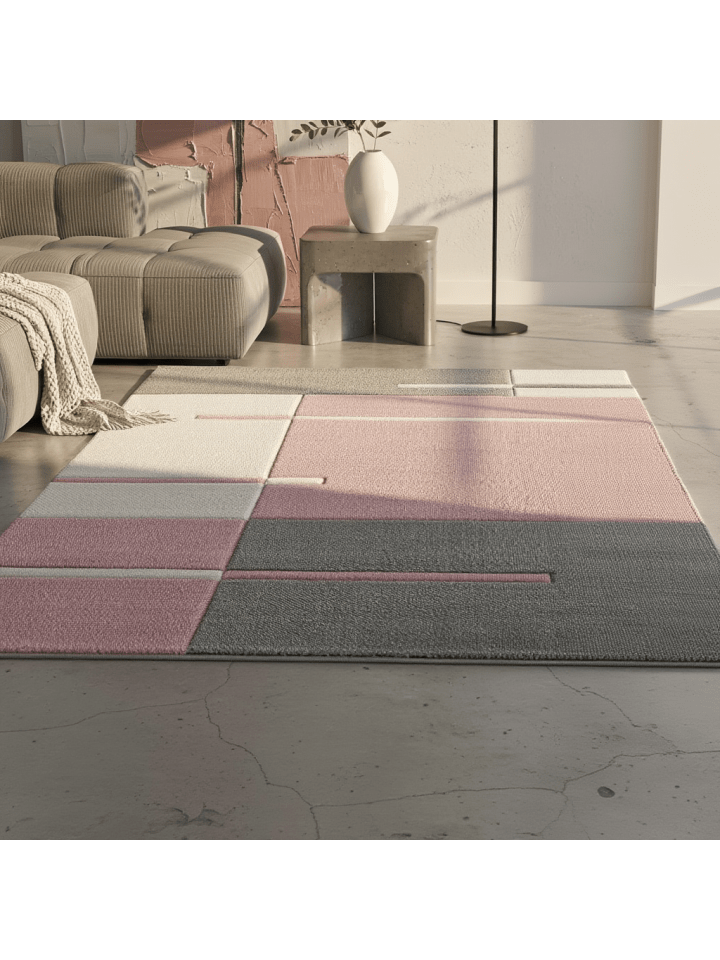 Teppich Kurzflor Waschbar Karo LATEMAR Strapazierfähig OEKO-TEX in Pink