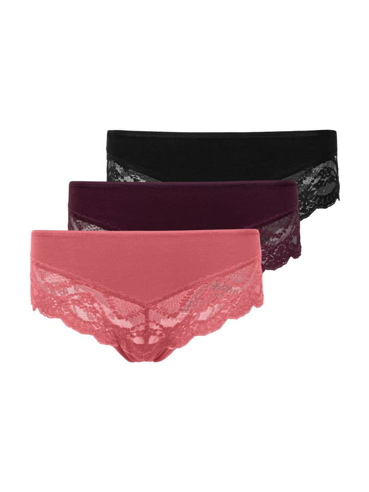 Hipster mit Spitze aus Bio-Baumwolle Mix (Mauve/Weinrot/Schwarz) 3 Stück