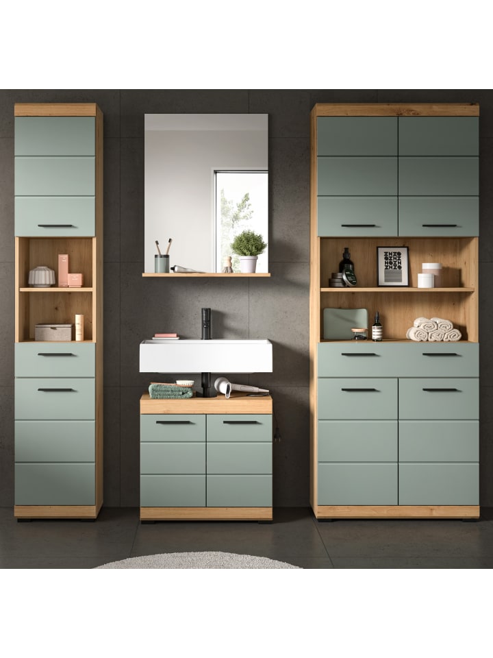 Badmöbel-Set Salbei grün, Eiche Artisan 4-teilig 200 cm, Komplettset