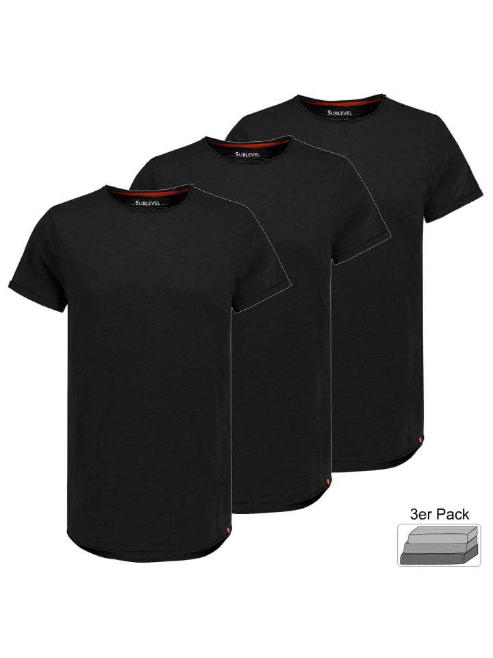 T-Shirt Kurzarm Rundhals 3er Pack mit Rollkante in Schwarz