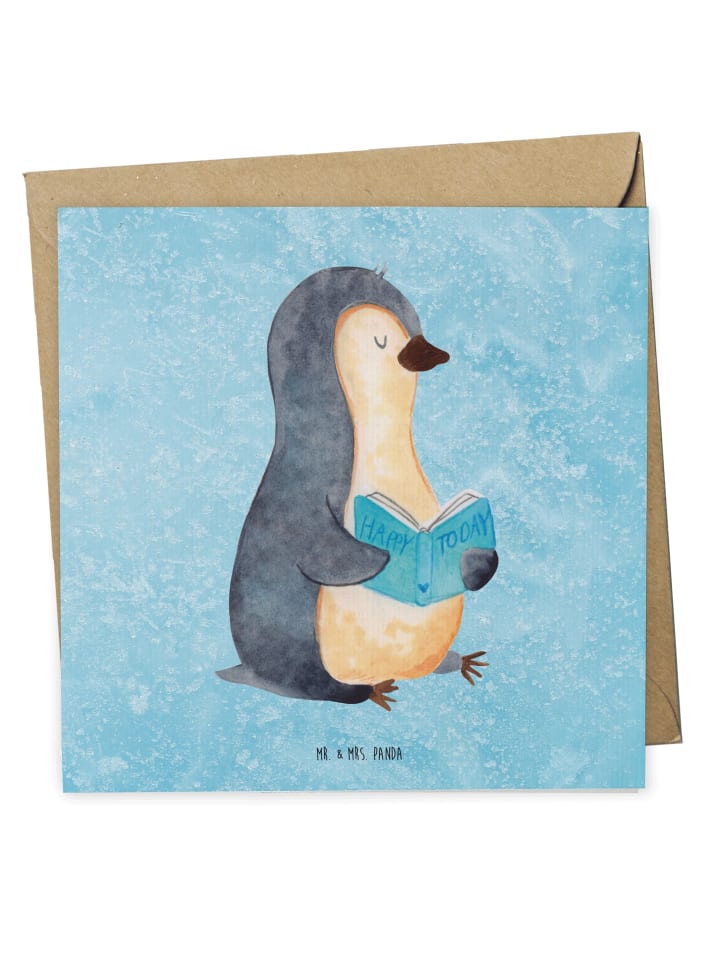 Klappkarte Pinguin Buch ohne Spruch in Eisblau