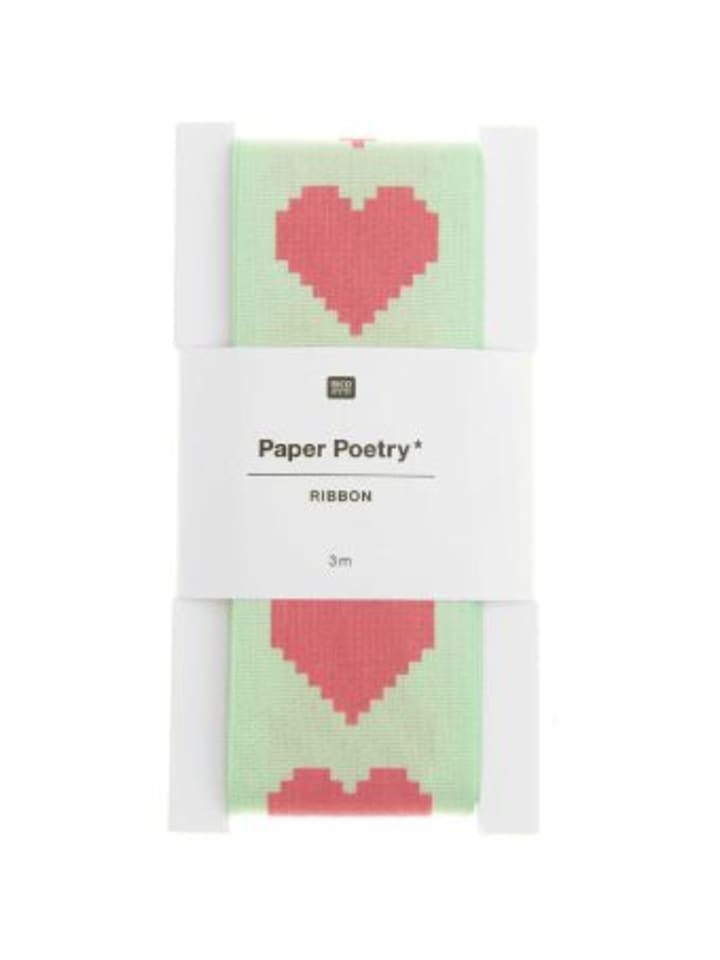 Nonbook - Taftband Pixel Herzen, Mint/Neon Pink, 38 mm x 3 m