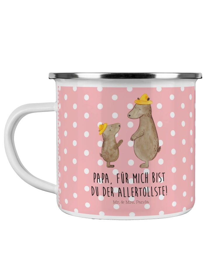 Camping Emaille Tasse Bären mit Hut mit Spruch in Rot Pastell