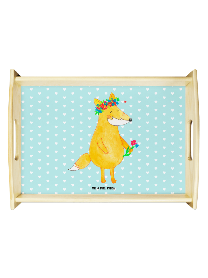 Tablett Holz Fuchs Blumen ohne Spruch in Türkis Pastell