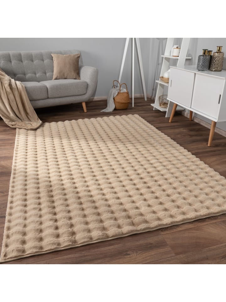 Hochflor Teppich Shaggy waschbar Unifarben Struktur Schlafzimmer in Beige