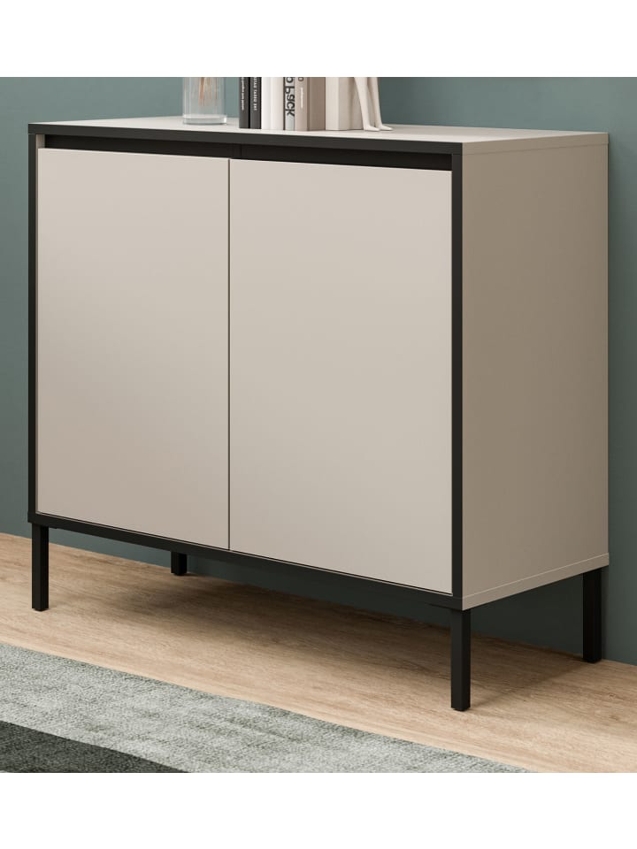 Kommode Sand / Kaschmit mit schwarz, 2-türiges Sideboard mit 4 Fächern 92 cm